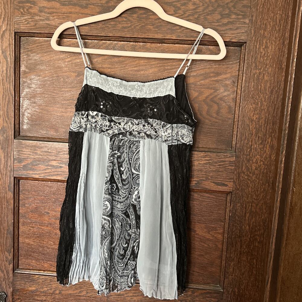 Vtg At Last Gray Black Lace Babydoll Tank Top Sz M Whimsy Goth Fairy Beaded Y2K